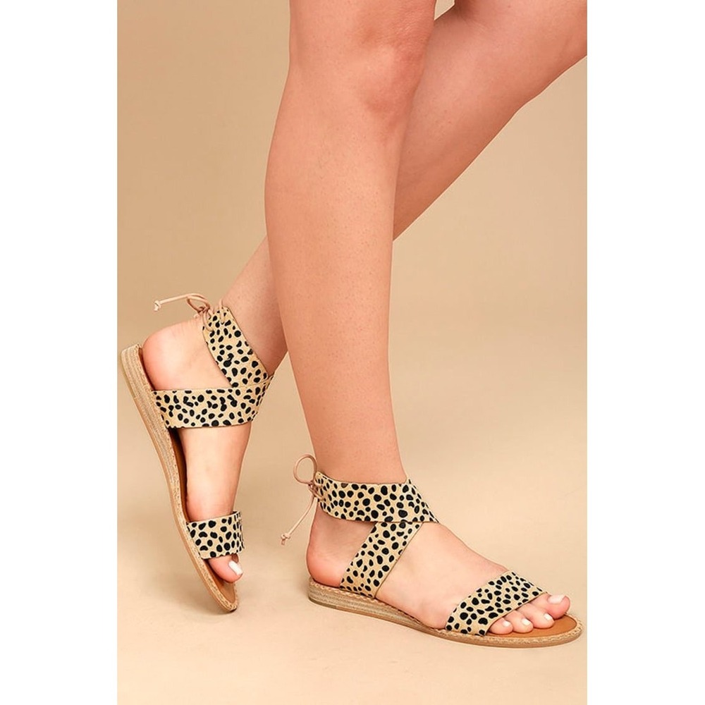 Dolce Vita Cheetah Calf Hair Ankle Wrap Lace Up Flat Sandals Womens 8 Tan Black
